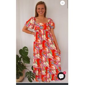 Golden by Golden Couture Maxi‎ Dress – Colorful Abstract Puff Sleeve – Size M